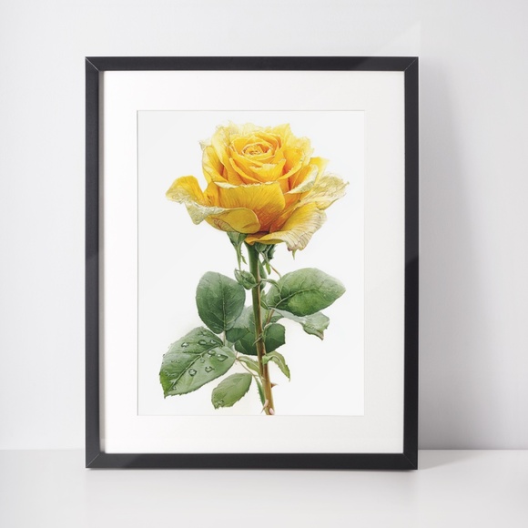 Watercolor Single Yellow Rose Wall Art Print Poster, Unframed - Delicate Floral - Picture 3 of 6
